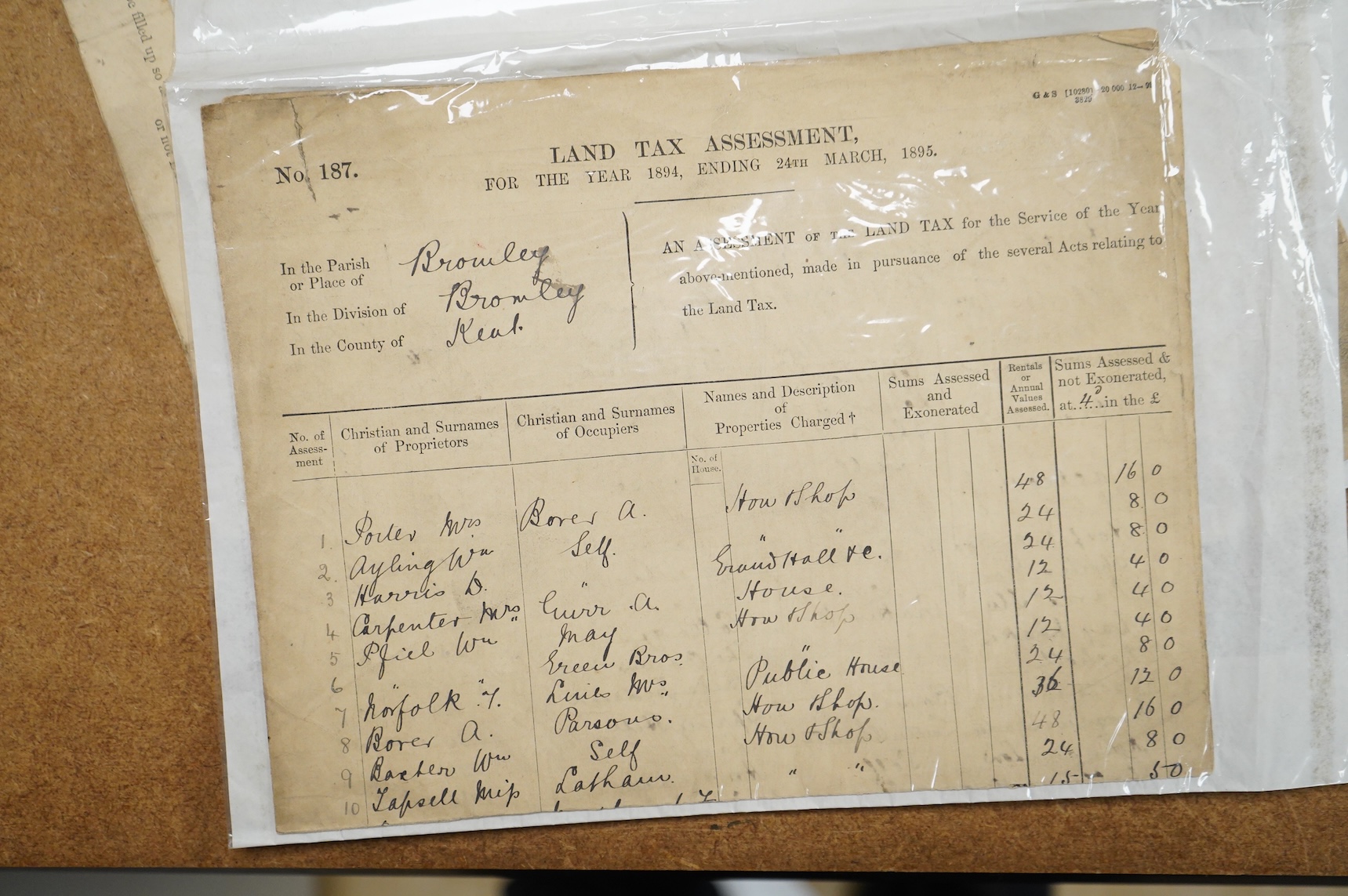Kent 19th Century Taxation - Bromley Land Tax Assessment, 1895: 4pp. printed sheets, tall folio, headed and ruled in 8 columns, full ms. details infill, summary, approx. 74 occupiers names, signatures of assessors, local